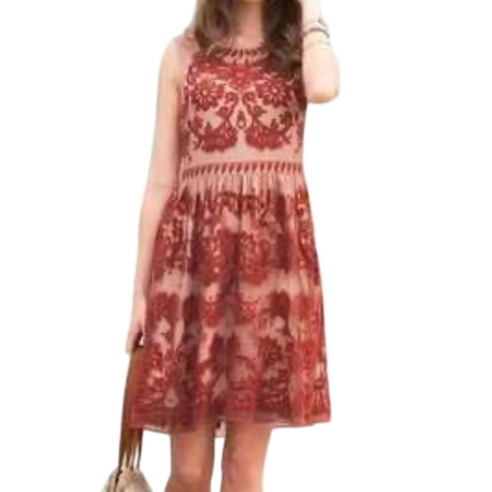 SUNDANCE Wom. Lace Embroidered Fit Flare Dress Size 2‎ Love at first sight Rust
